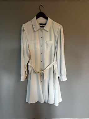 Karl Lagerfeld Light Cream Button-Front Long Sleeve Dress with Tie Waist